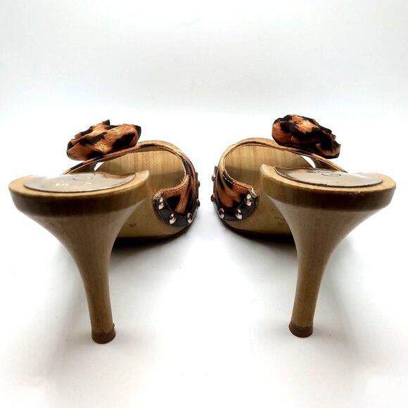 Women 6.5M Guess Leopard Animal Print Wooden Wedge Clog Platform Heels Sandals - Picture 8 of 12